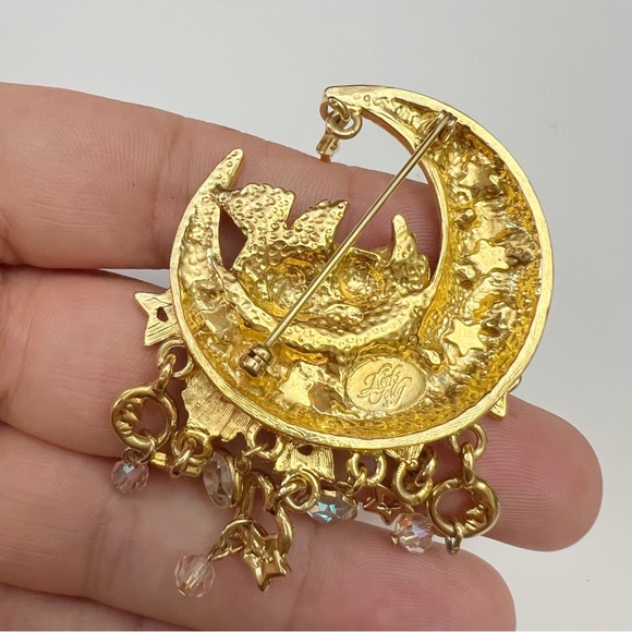 Vintage Kirks Folly Cherub Angel Bear Crescent Moon AB Crystal Dangle Brooch - Picture 4 of 4